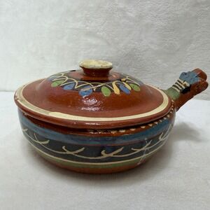 VTG Mexican Folk Art Terracotta Lidded Bean Pot Hand Painted Clay Cazuela